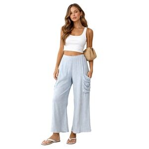 Charlie Paige Linen Blend Wide Leg Pants Ruched Pocket Detail Sz M Resort Wear